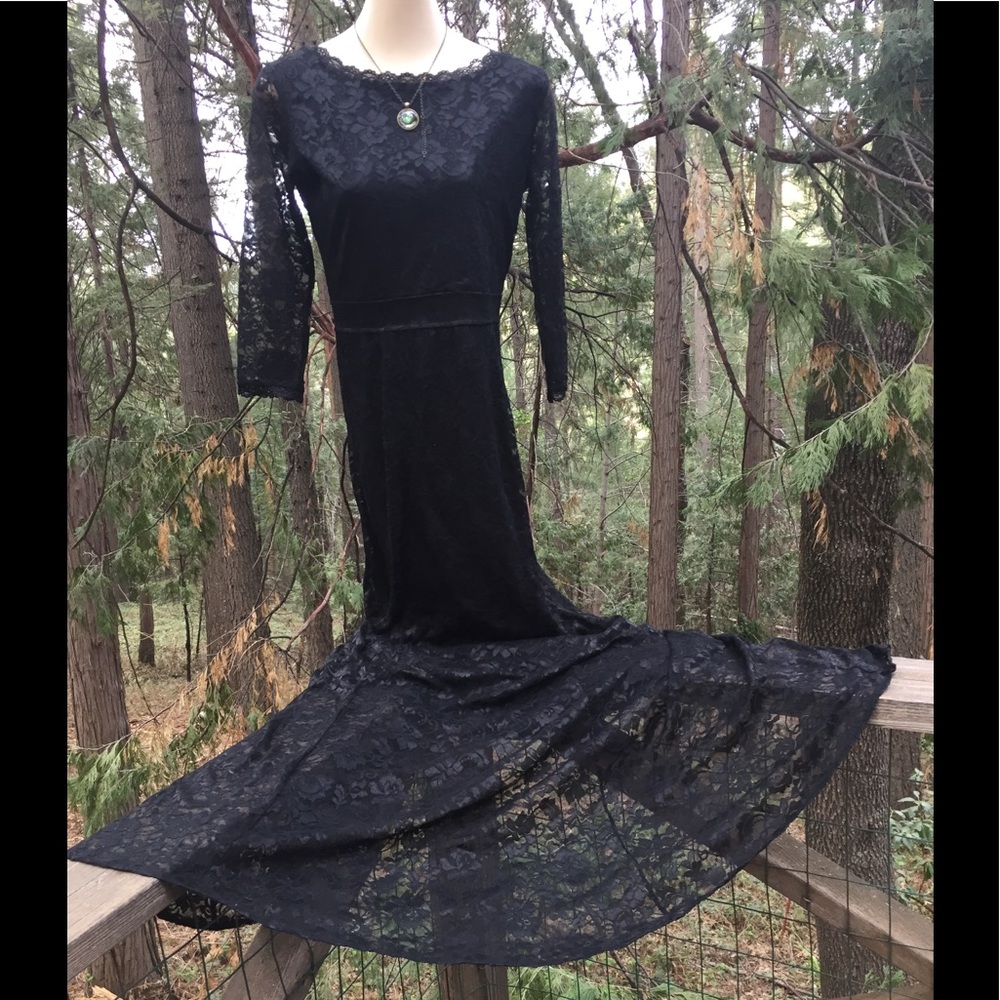 Sylvite elegant stretchy lace flowy prom  long sleeve black formal maxi dress - Picture 2 of 12